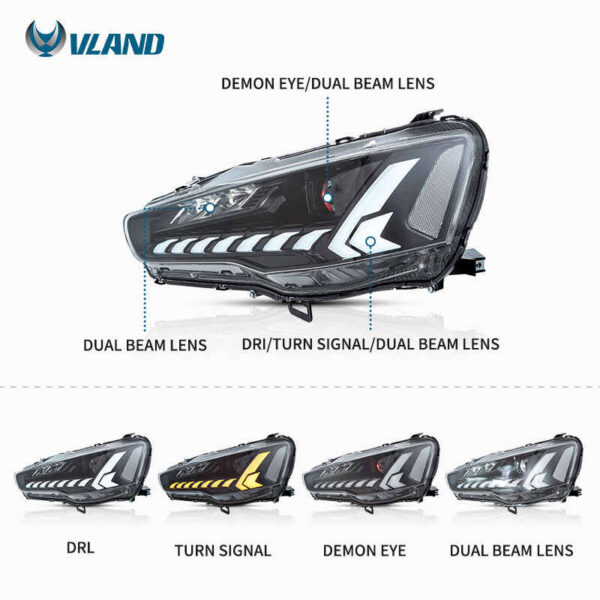 Headlights Assembly Fit for Mitsubishi Lancer & EVO X 2008 - 2020 With LED DRL Start UP Animation LED Sequential Turn Signal (Clear) - Image 2